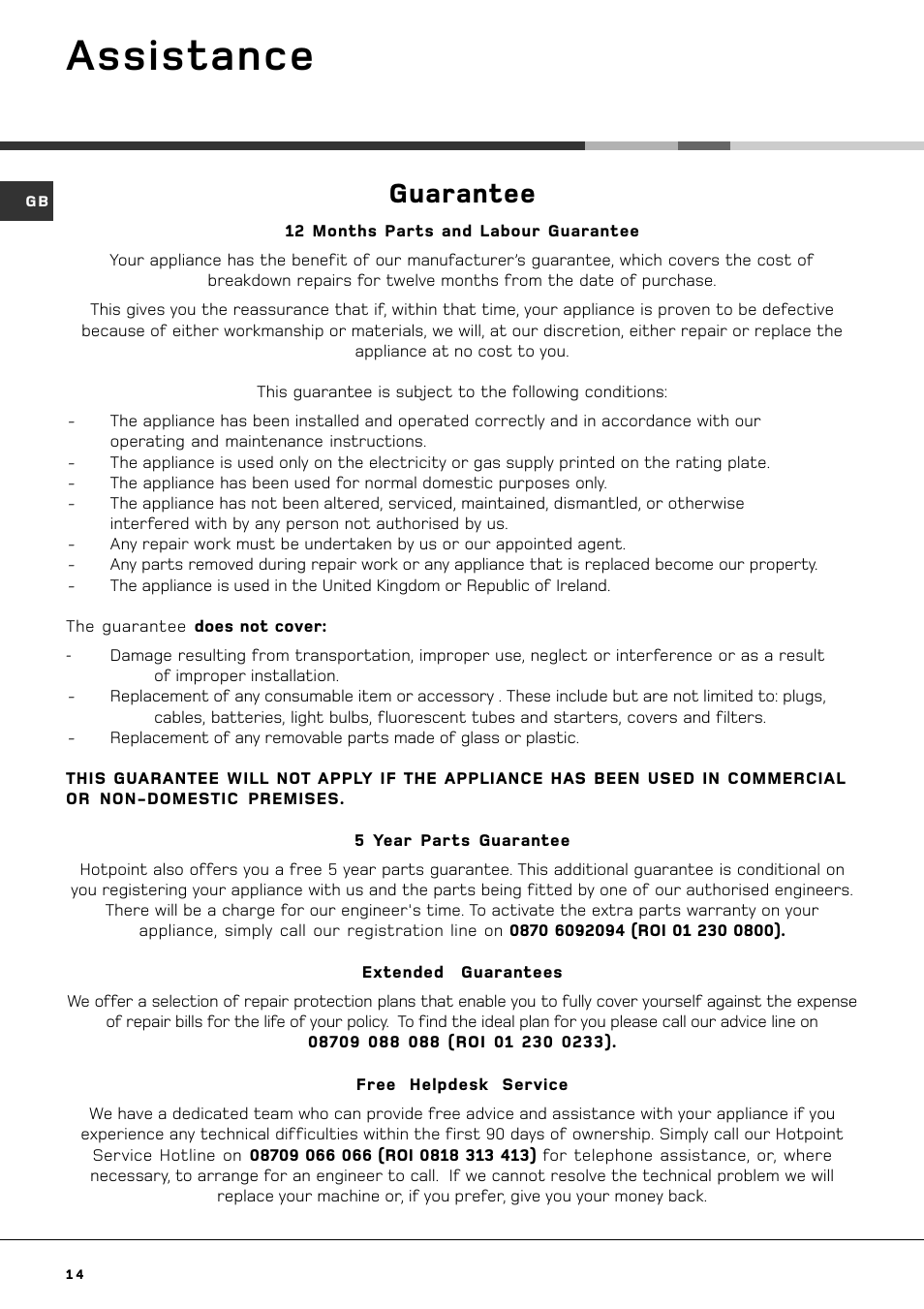 Assistance, Guarantee | Hotpoint AQGL 129 PM User Manual | Page 14 / 16