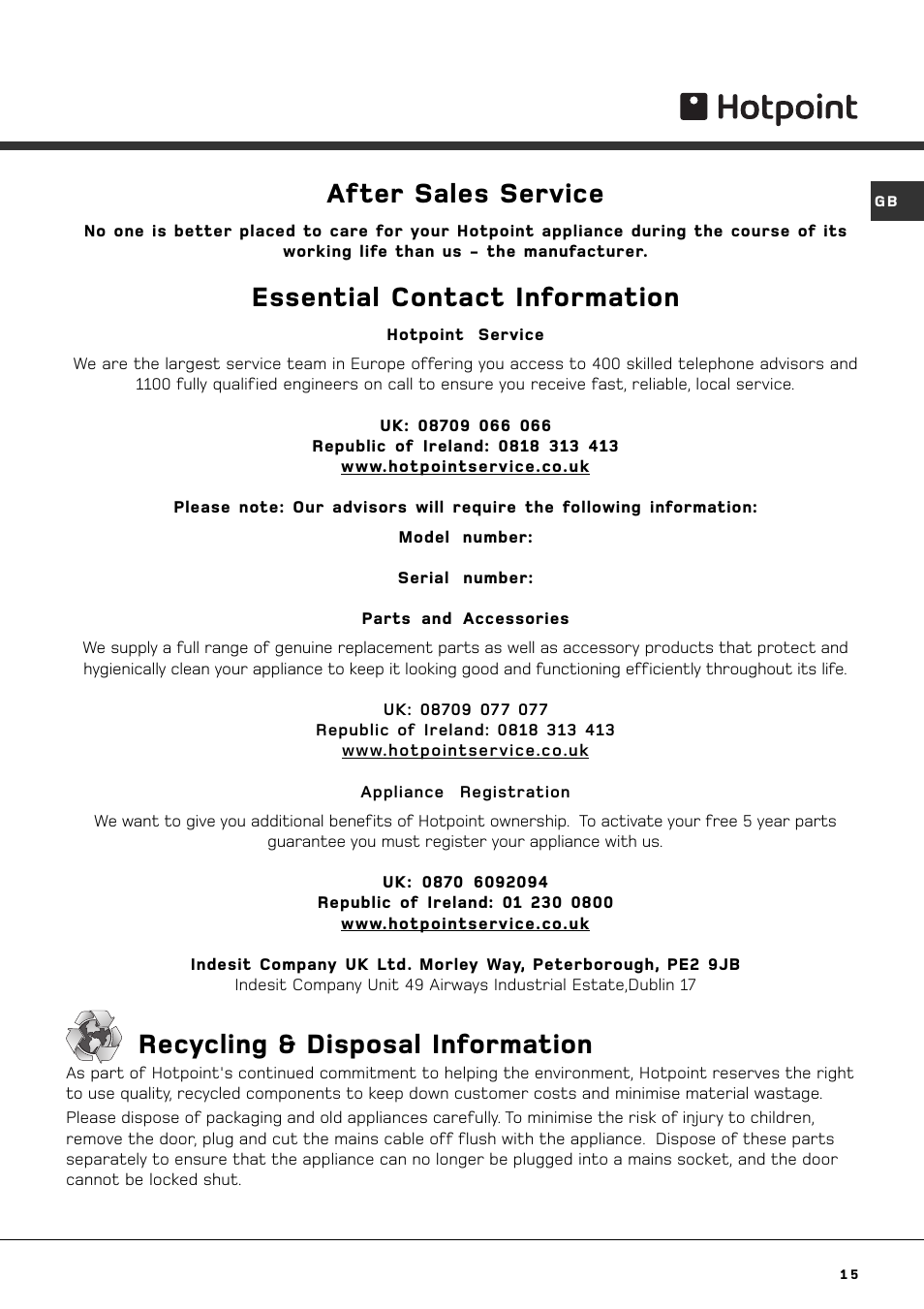 After sales service, Essential contact information, Recycling & disposal information | Hotpoint AQGL 129 PM User Manual | Page 15 / 16