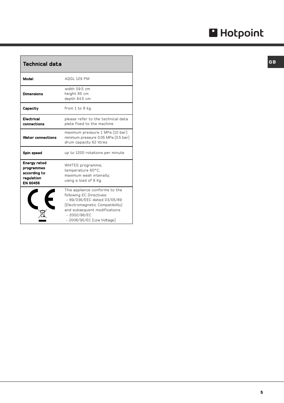 Technical data | Hotpoint AQGL 129 PM User Manual | Page 5 / 16