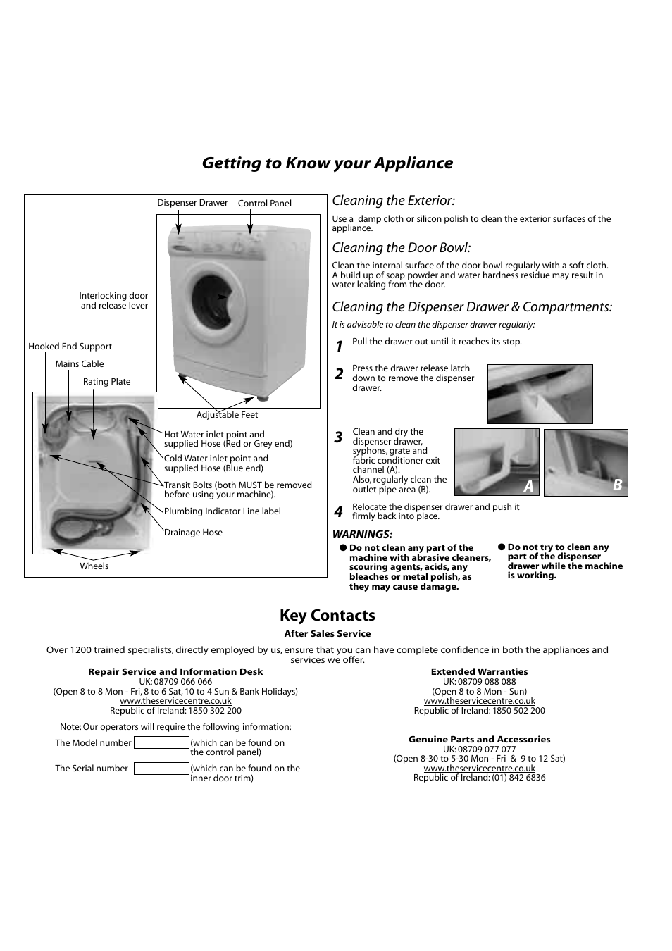 Getting to know your appliance, Key contacts, 3a b | Cleaning the exterior, Cleaning the door bowl, Cleaning the dispenser drawer & compartments | Hotpoint WMA13 User Manual | Page 10 / 11