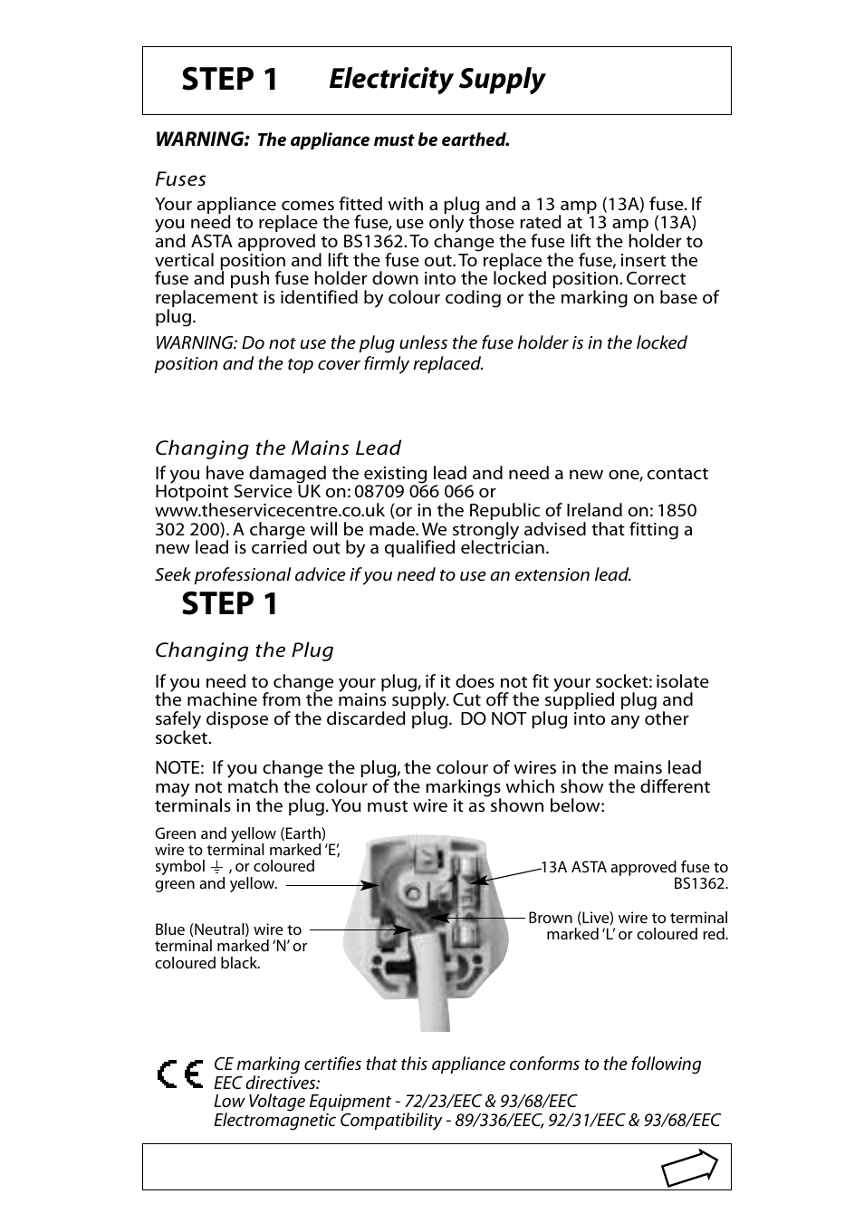 Step 1, Electricity supply | Hotpoint WMA13 User Manual | Page 2 / 11