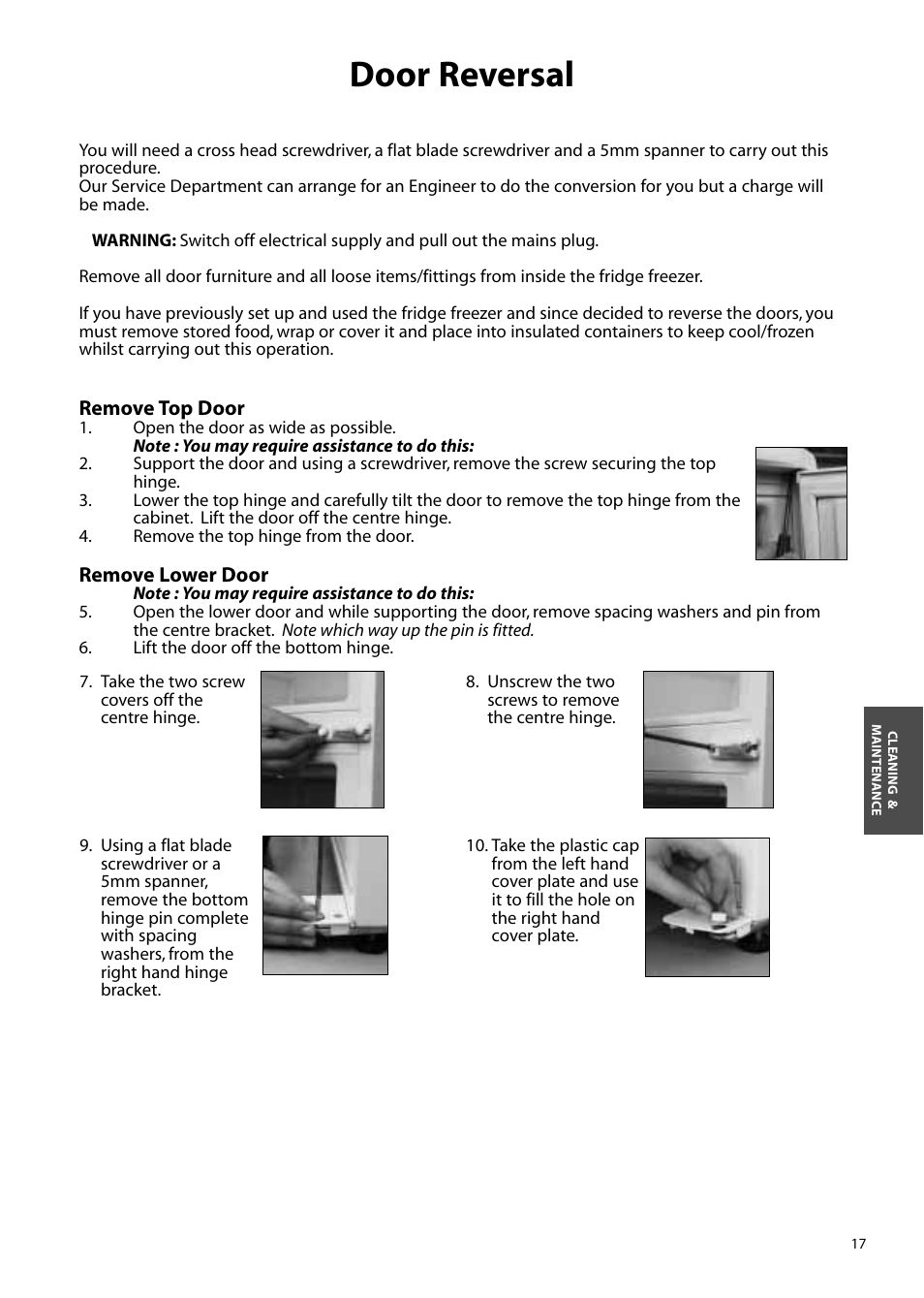Door reversal | Hotpoint FFM90 User Manual | Page 17 / 24