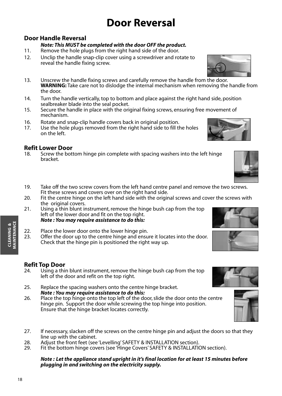 Door reversal | Hotpoint FFM90 User Manual | Page 18 / 24