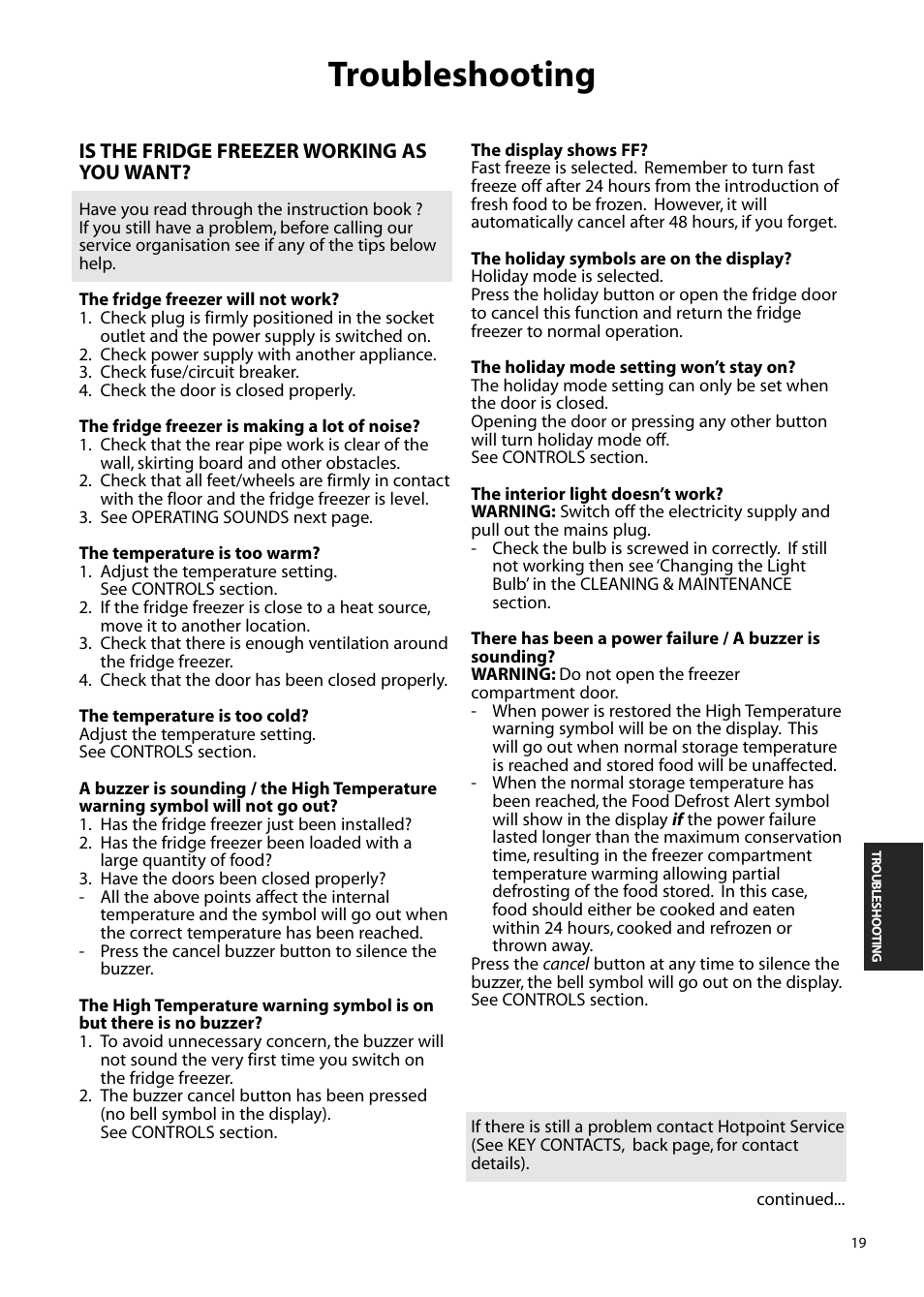 Troubleshooting | Hotpoint FFM90 User Manual | Page 19 / 24