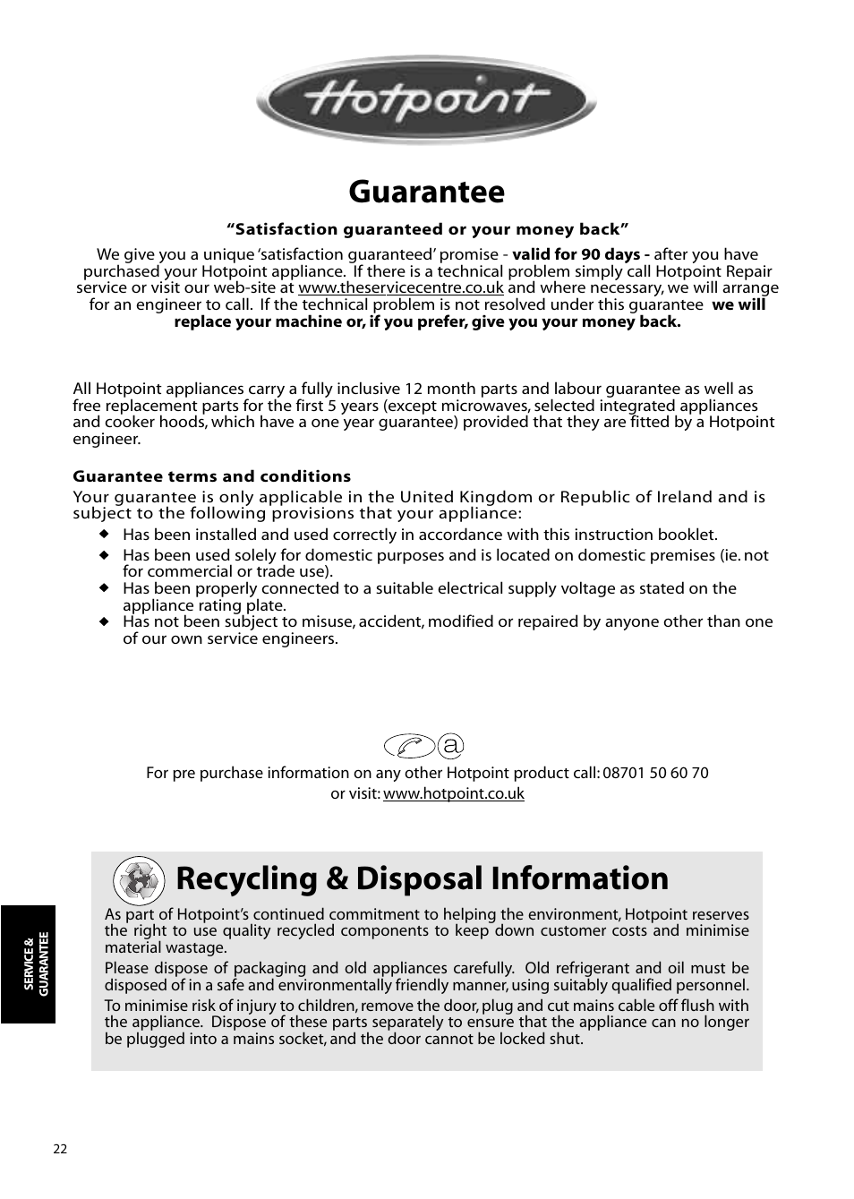 Recycling & disposal information, Guarantee | Hotpoint FFM90 User Manual | Page 22 / 24