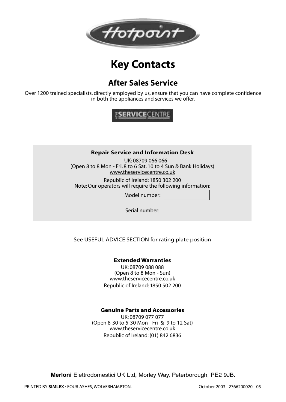 Key contacts, After sales service | Hotpoint FFM90 User Manual | Page 24 / 24