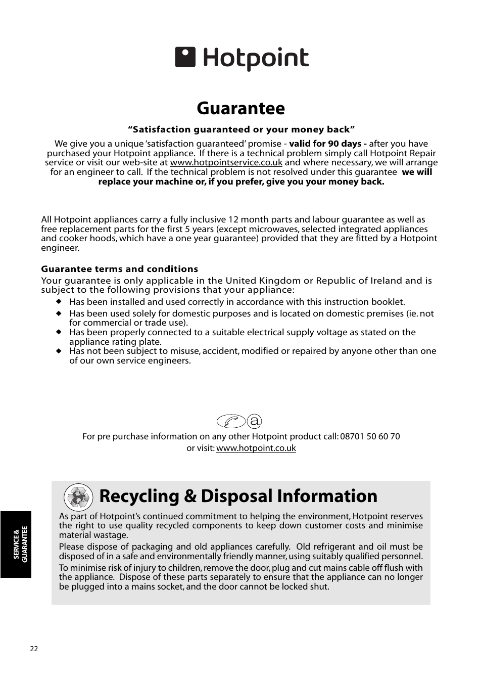Recycling & disposal information, Guarantee | Hotpoint FFM91 User Manual | Page 22 / 24