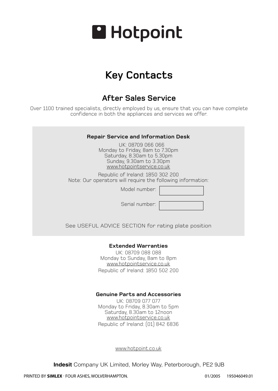 Key contacts, After sales service | Hotpoint FFM91 User Manual | Page 24 / 24