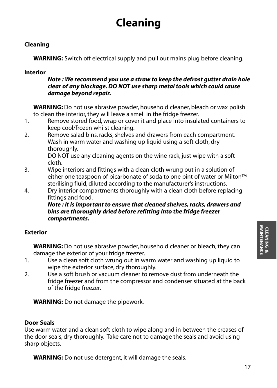 Cleaning | Hotpoint FFA84 User Manual | Page 17 / 28