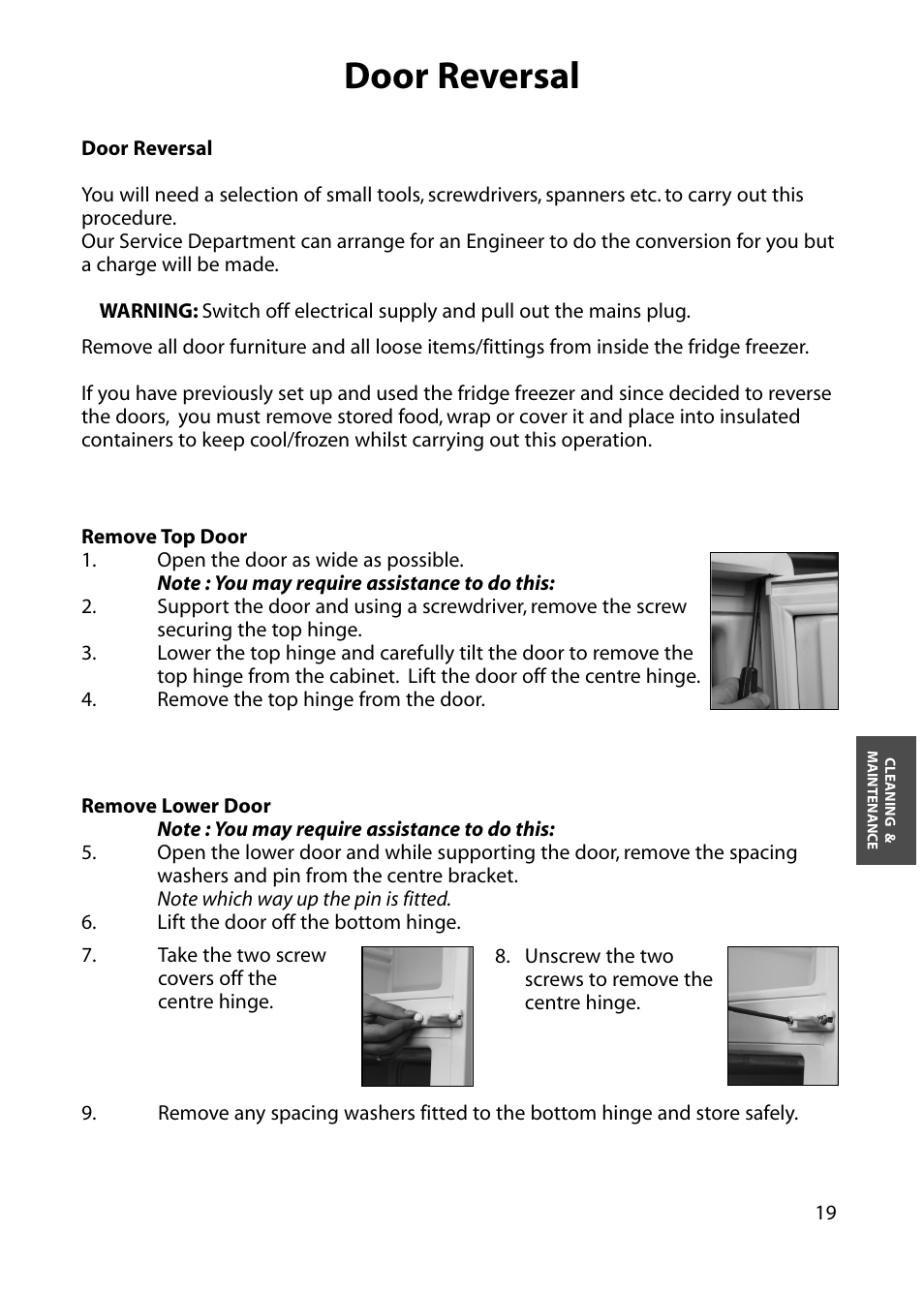 Door reversal | Hotpoint FFA84 User Manual | Page 19 / 28