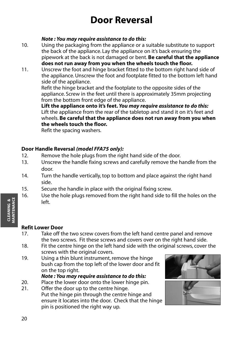 Door reversal | Hotpoint FFA84 User Manual | Page 20 / 28