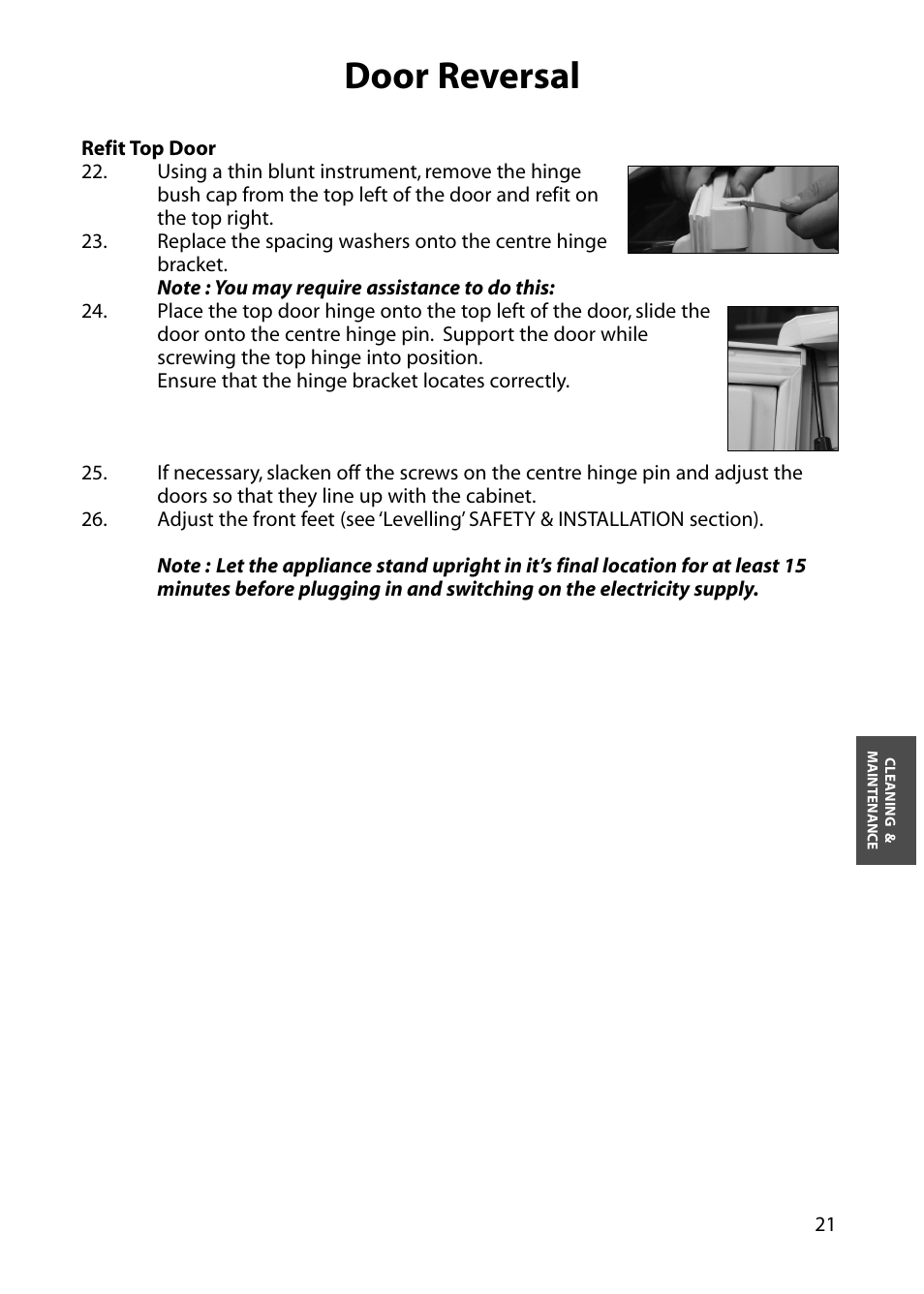 Door reversal | Hotpoint FFA84 User Manual | Page 21 / 28