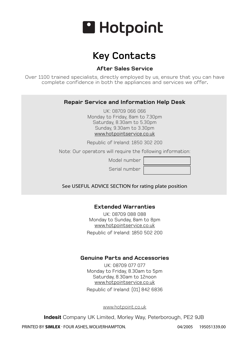 Key contacts | Hotpoint FFA84 User Manual | Page 28 / 28