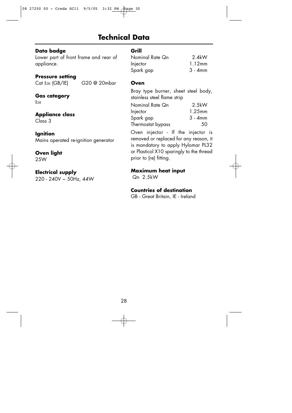Technical data | Hotpoint Oven User Manual | Page 30 / 36