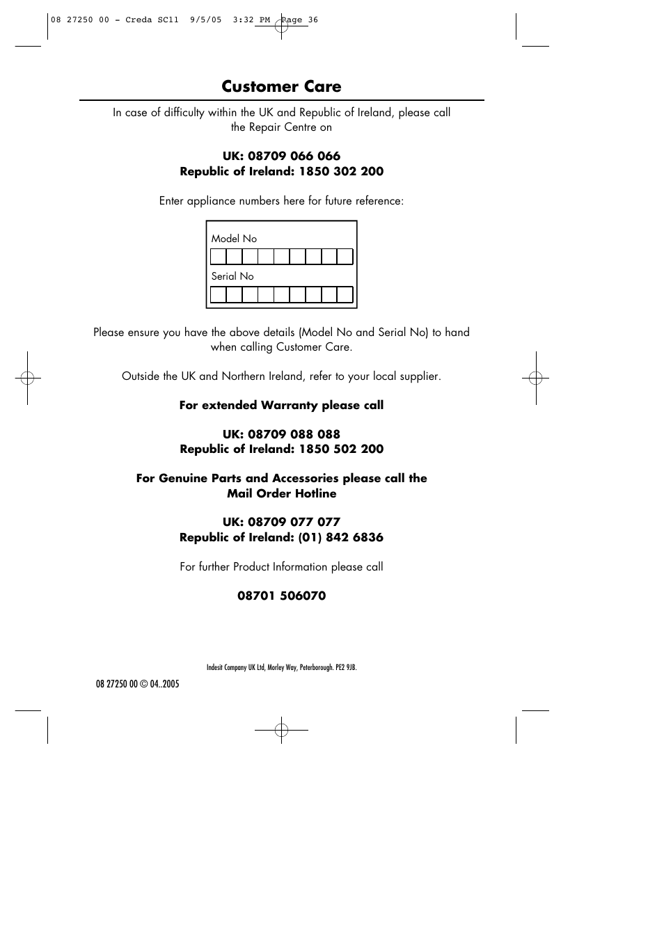 Customer care | Hotpoint Oven User Manual | Page 36 / 36