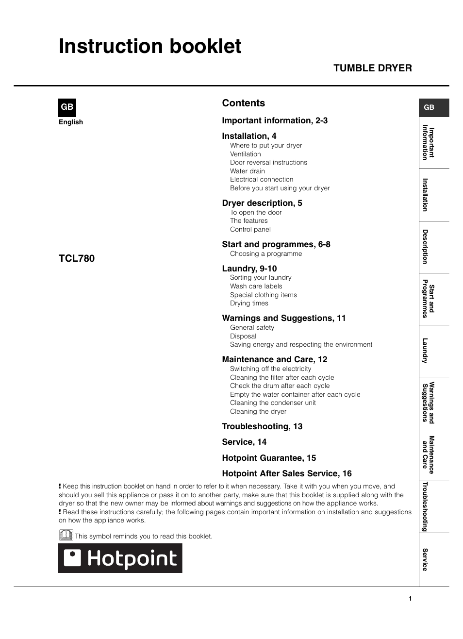 Hotpoint TCL780 User Manual | 16 pages