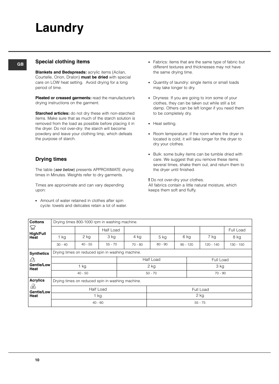 Laundry, Special clothing items, Drying times | Hotpoint TCL780 User Manual | Page 10 / 16