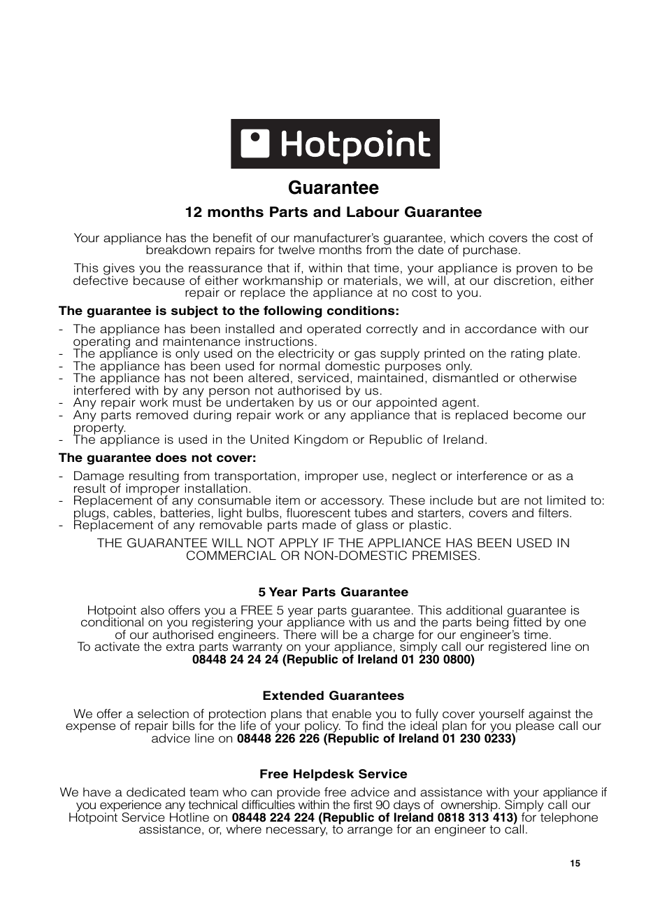 Guarantee | Hotpoint TCL780 User Manual | Page 15 / 16