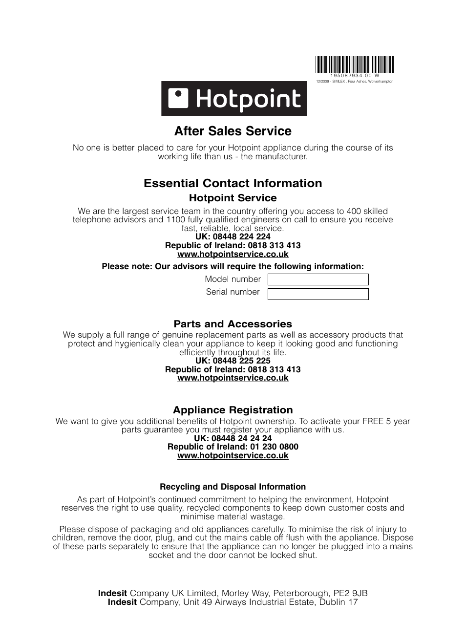 After sales service, Essential contact information | Hotpoint TCL780 User Manual | Page 16 / 16