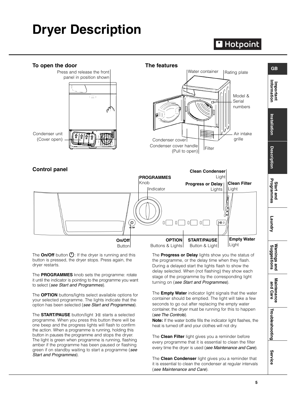 Dryer description, Control panel | Hotpoint TCL780 User Manual | Page 5 / 16