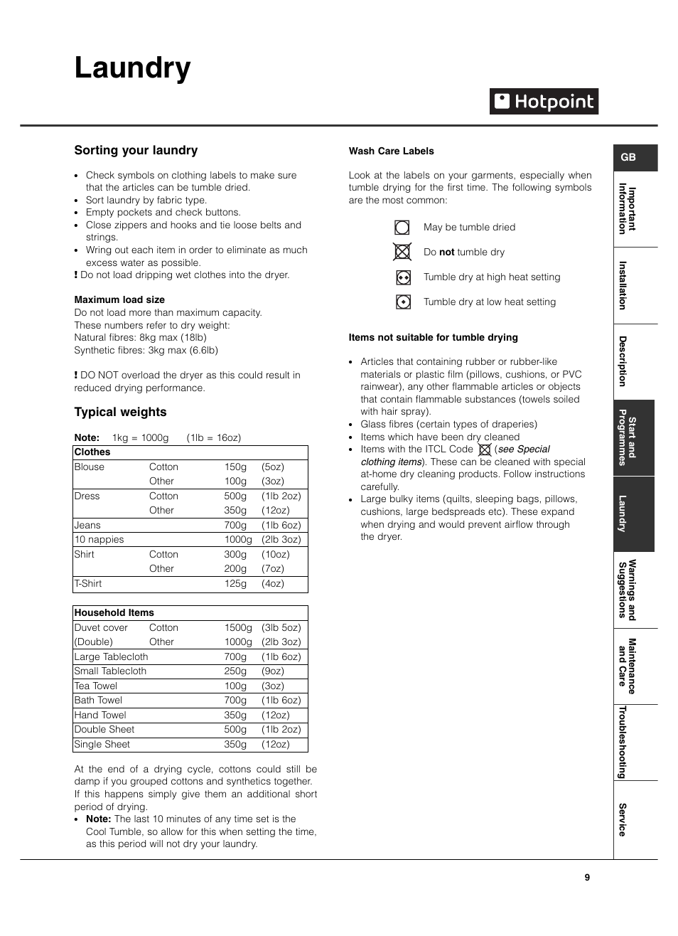 Laundry, Sorting your laundry, Typical weights | Hotpoint TCL780 User Manual | Page 9 / 16