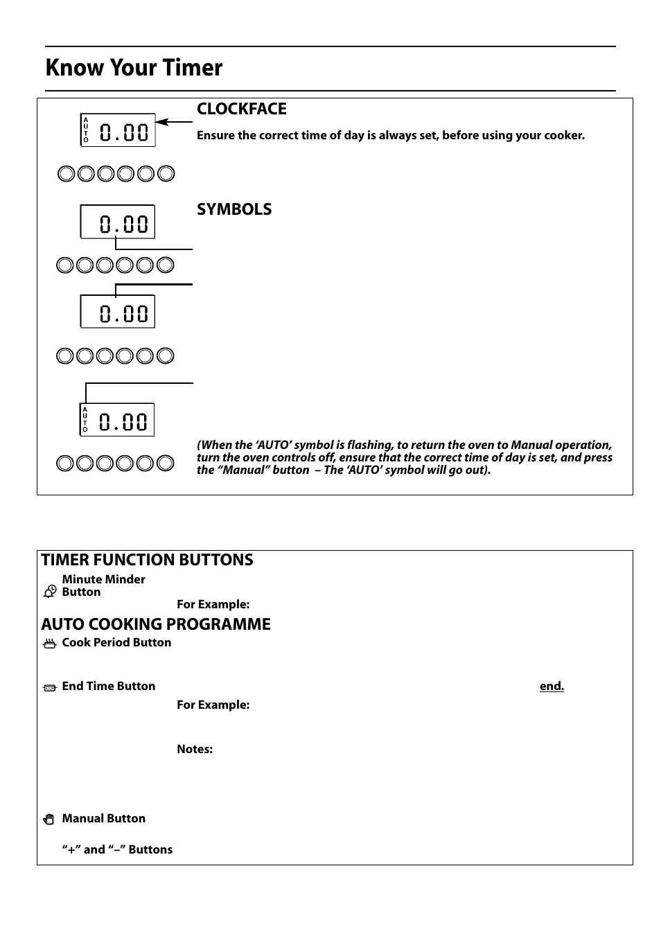 Know your timer, Clockface, Symbols | Timer function buttons auto cooking programme | Hotpoint S150E User Manual | Page 11 / 43