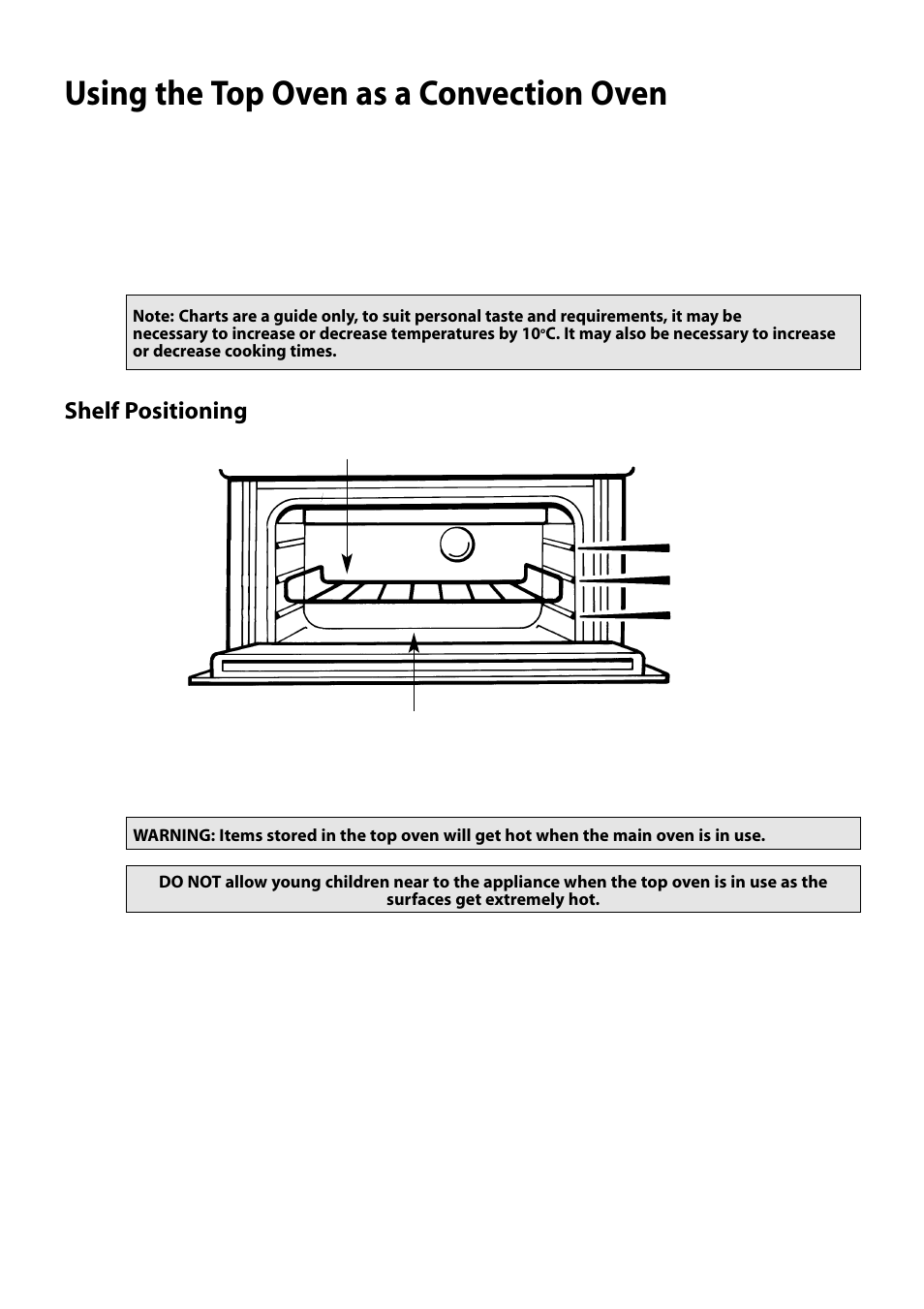 Using the top oven as a convection oven, Shelf positioning | Hotpoint S150E User Manual | Page 20 / 43