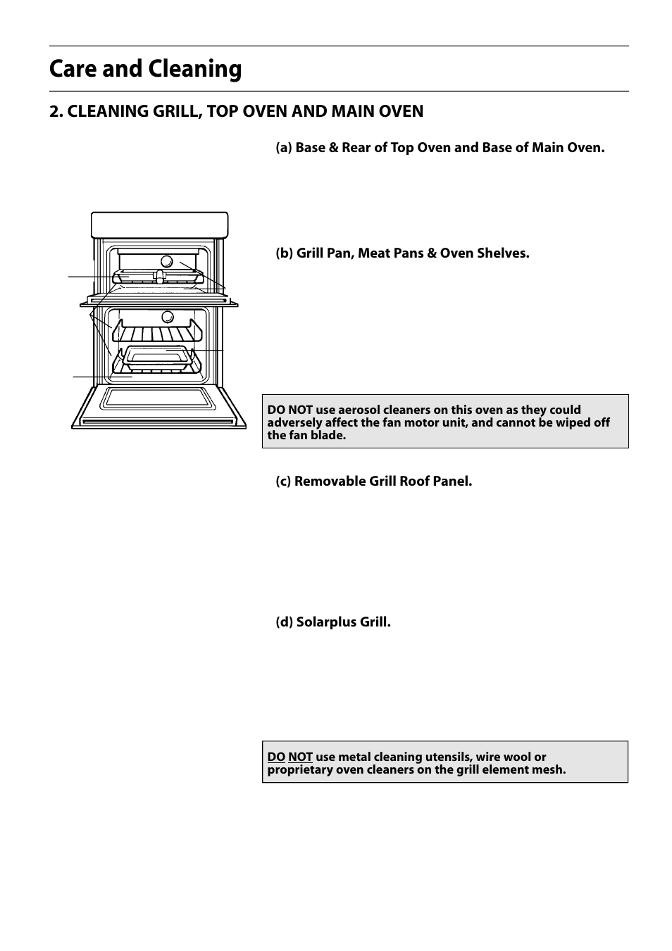 Care and cleaning, Cleaning grill, top oven and main oven | Hotpoint S150E User Manual | Page 35 / 43