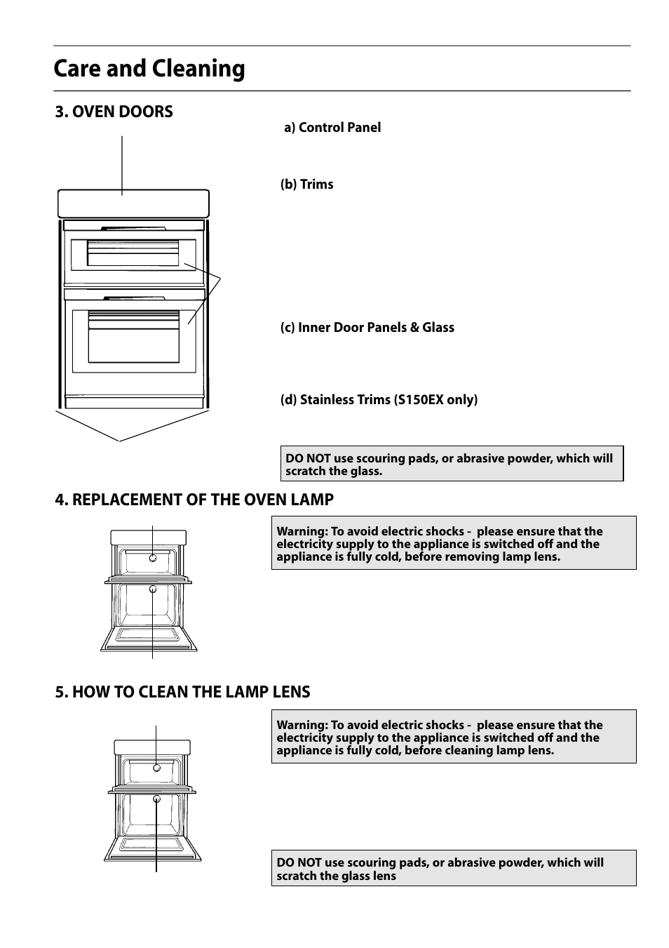 Care and cleaning, Oven doors, Replacement of the oven lamp | How to clean the lamp lens | Hotpoint S150E User Manual | Page 36 / 43