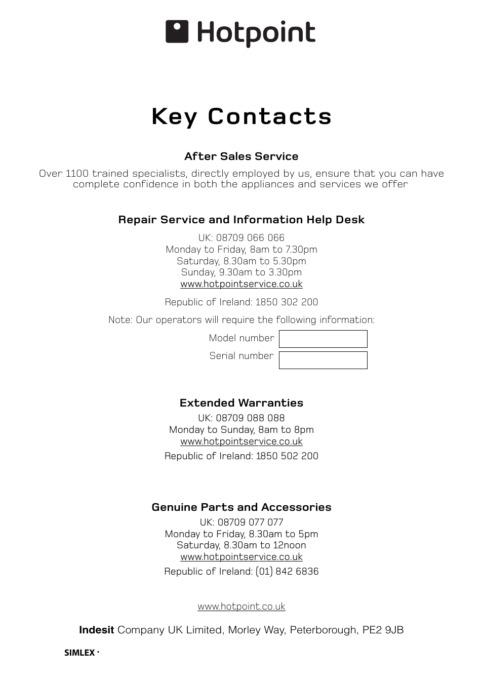 Key contacts | Hotpoint S150E User Manual | Page 43 / 43