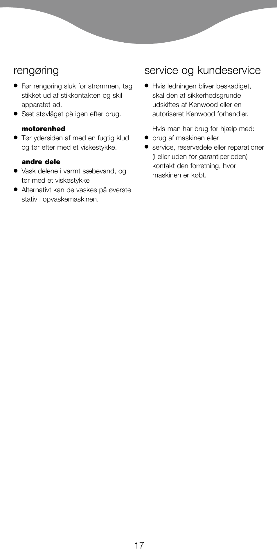 Reng, Ring, Service og kundeservice | Kenwood JE270 User Manual | Page 19 / 40