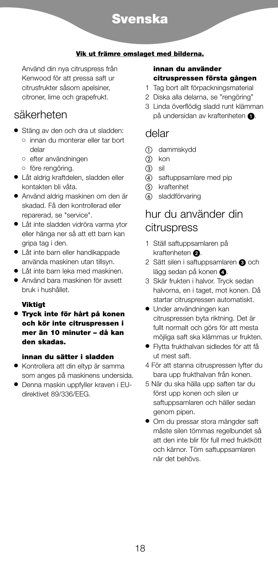 Svenska, Säkerheten, Delar | Hur du använder din citruspress | Kenwood JE260 series User Manual | Page 20 / 40