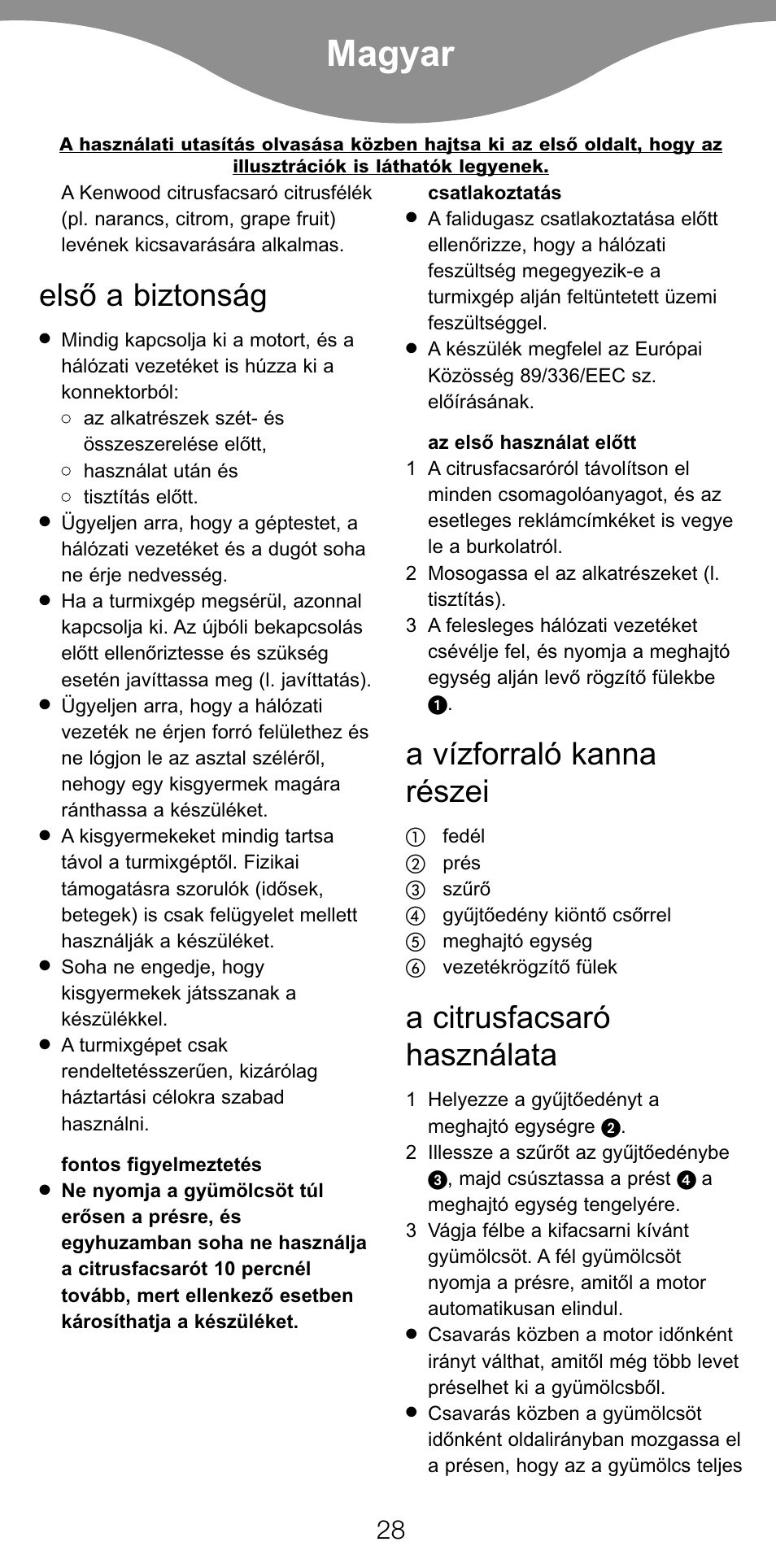 Magyar, Elsò a biztonság, A vízforraló kanna részei | A citrusfacsaró használata | Kenwood JE260 series User Manual | Page 30 / 40