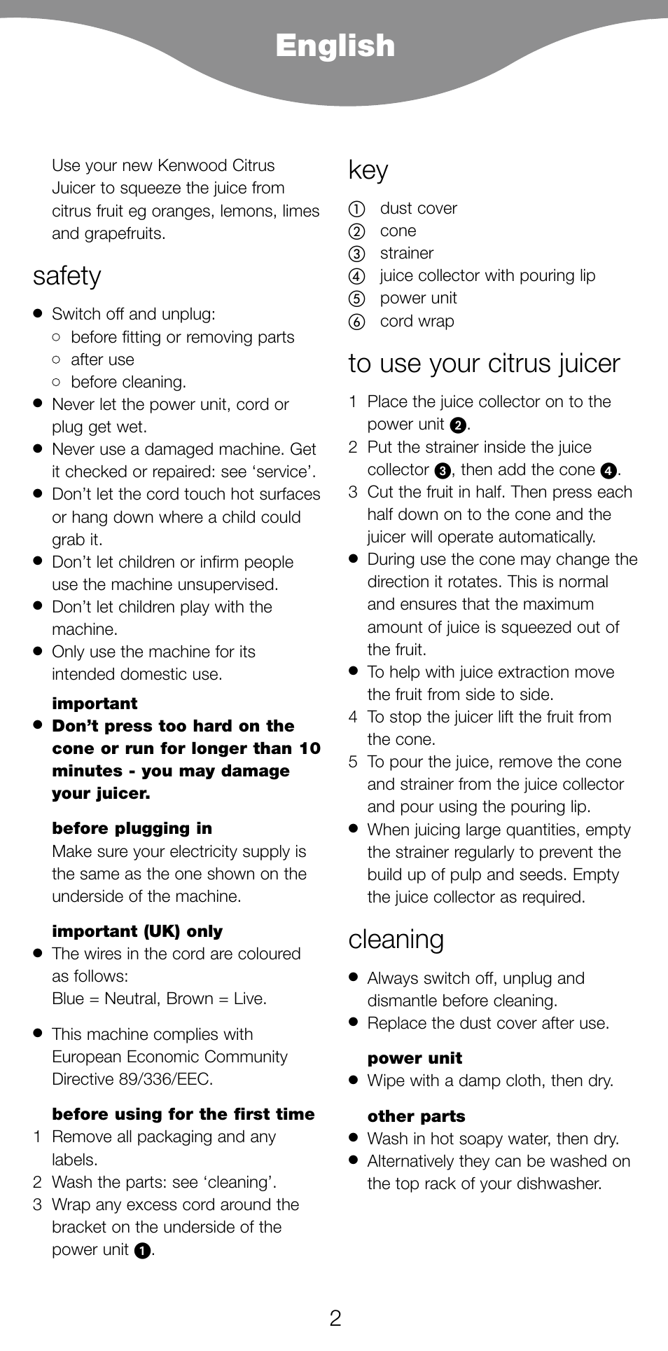 Safety, To use your citrus juicer, Cleaning | Kenwood JE270 User Manual | Page 4 / 40