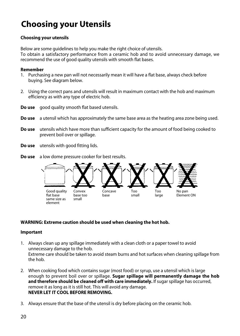Choosing your utensils | Hotpoint EW34 User Manual | Page 20 / 44
