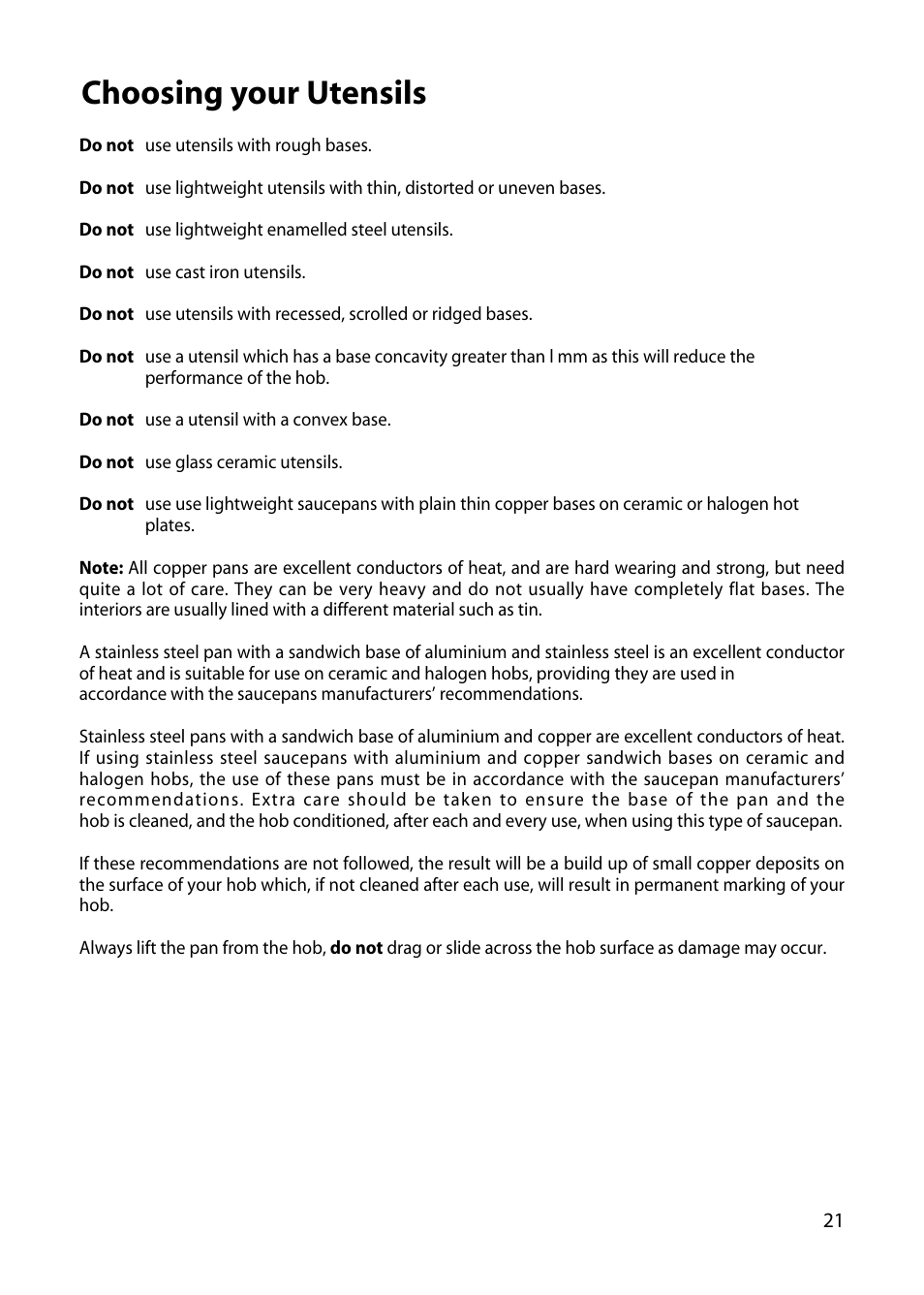Choosing your utensils | Hotpoint EW34 User Manual | Page 21 / 44
