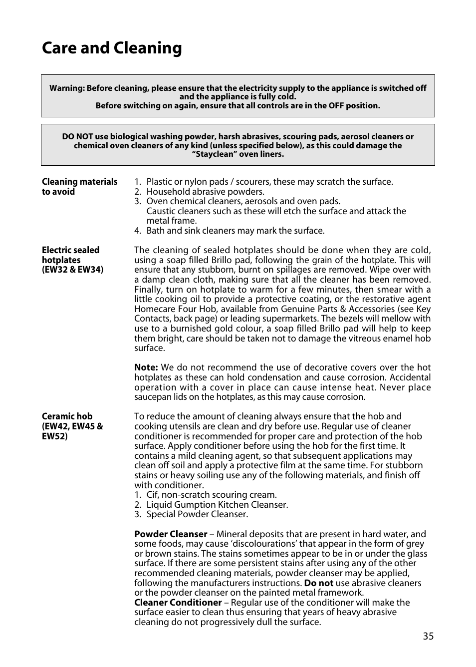 Care and cleaning | Hotpoint EW34 User Manual | Page 35 / 44