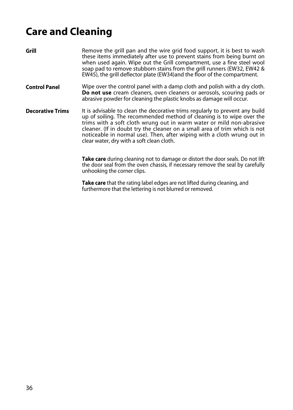 Care and cleaning | Hotpoint EW34 User Manual | Page 36 / 44