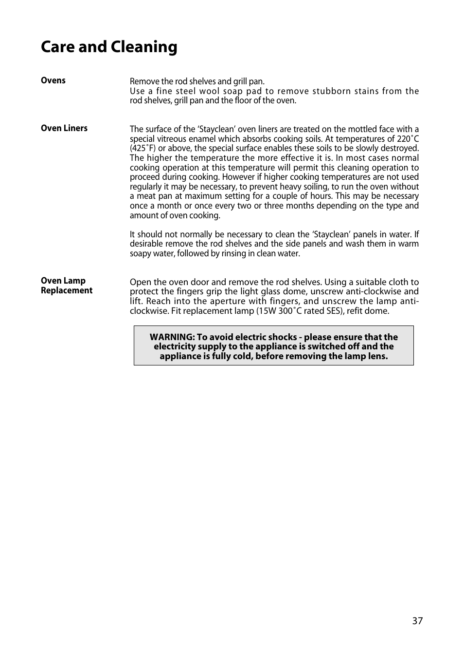 Care and cleaning | Hotpoint EW34 User Manual | Page 37 / 44