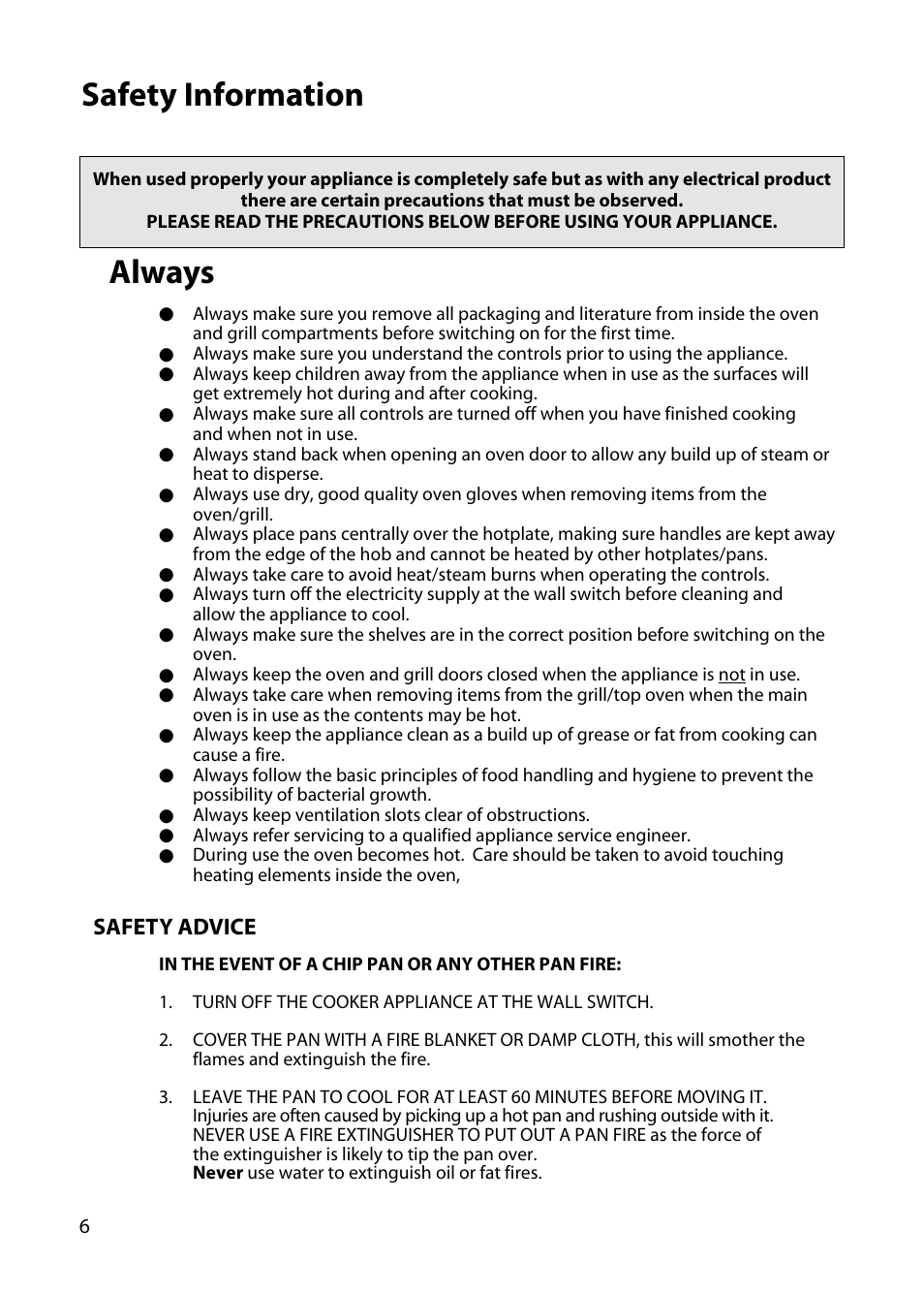 Always, Safety information | Hotpoint EW34 User Manual | Page 6 / 44