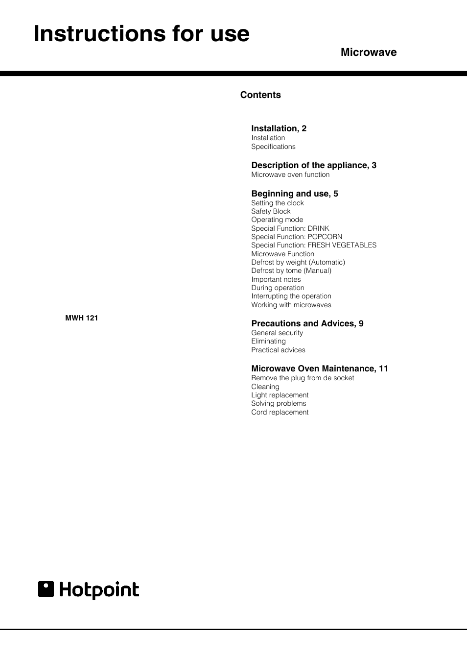 Hotpoint MWH 121 User Manual | 16 pages