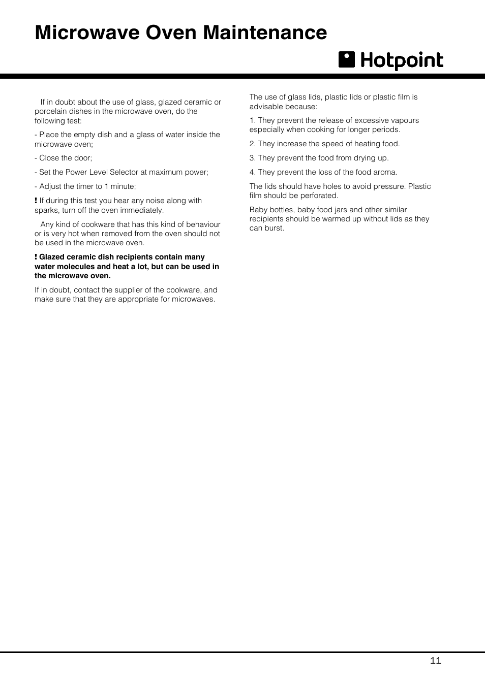 Microwave oven maintenance | Hotpoint MWH 121 User Manual | Page 11 / 16