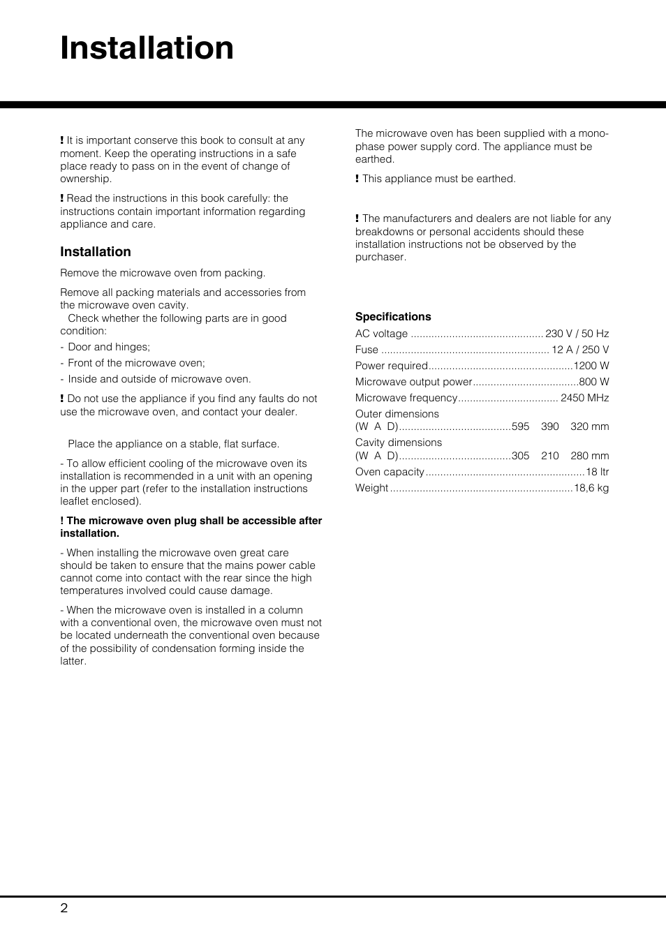 Installation | Hotpoint MWH 121 User Manual | Page 2 / 16