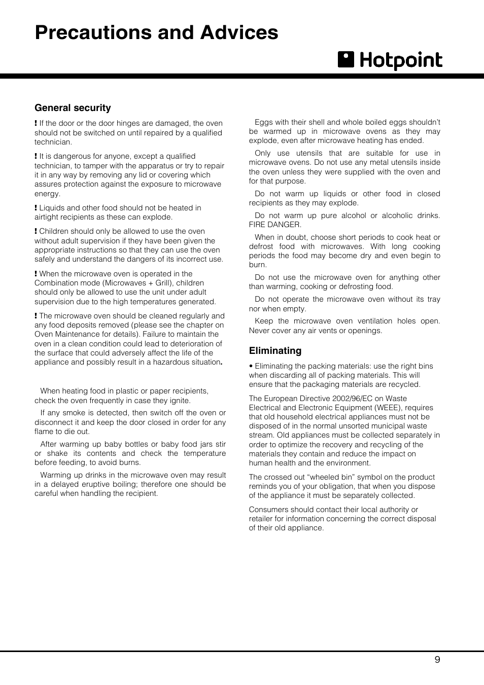 Precautions and advices | Hotpoint MWH 121 User Manual | Page 9 / 16