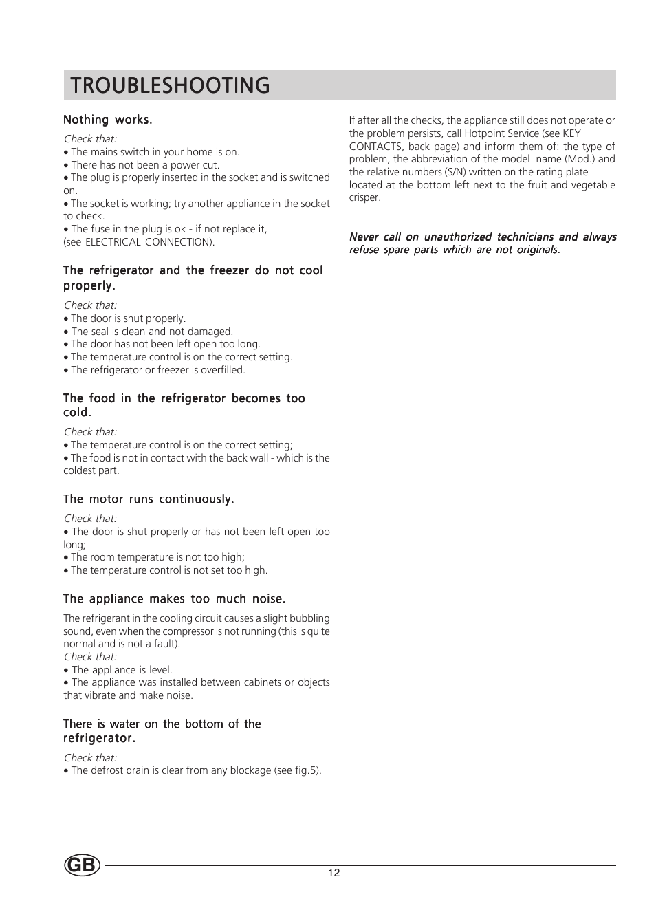 Troubleshooting | Hotpoint HT303 User Manual | Page 12 / 16