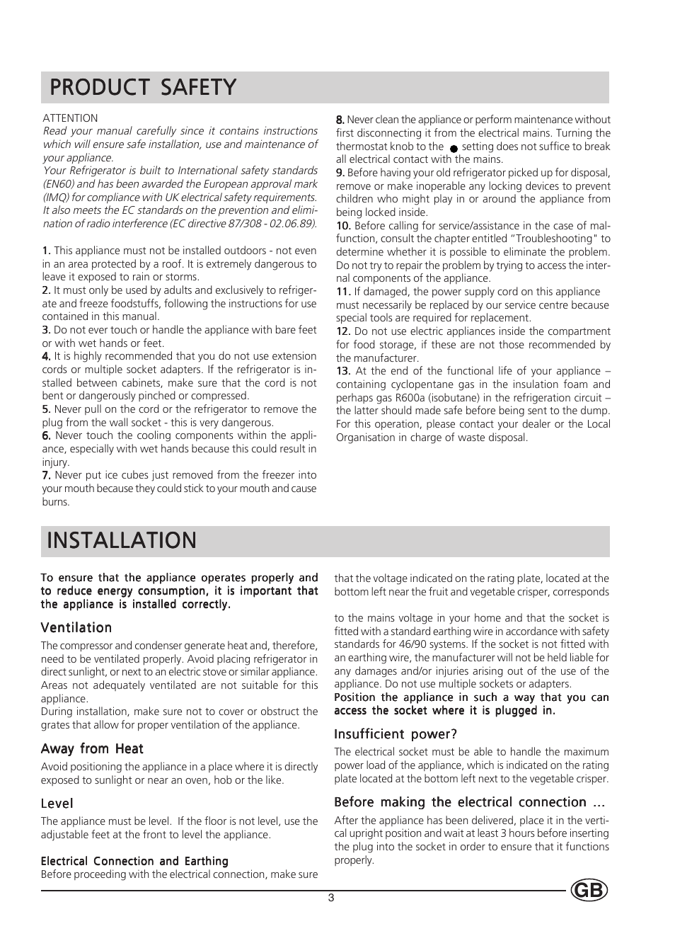 Product safety, Installation | Hotpoint HT303 User Manual | Page 3 / 16