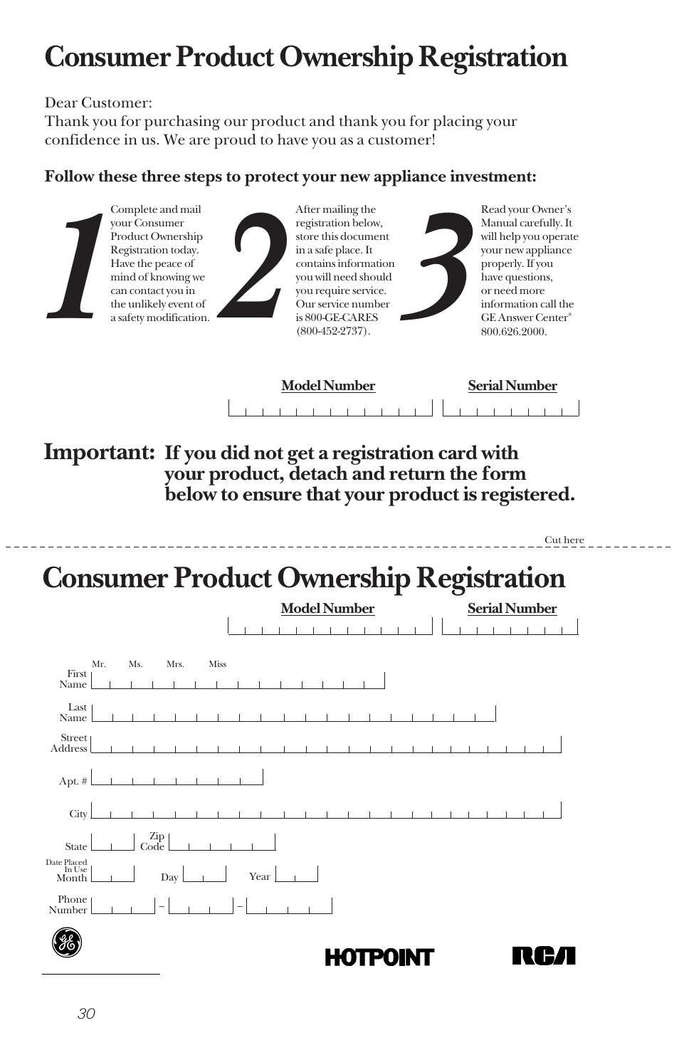 Consumer product ownership registration, Important | Hotpoint HDA2020 User Manual | Page 30 / 32