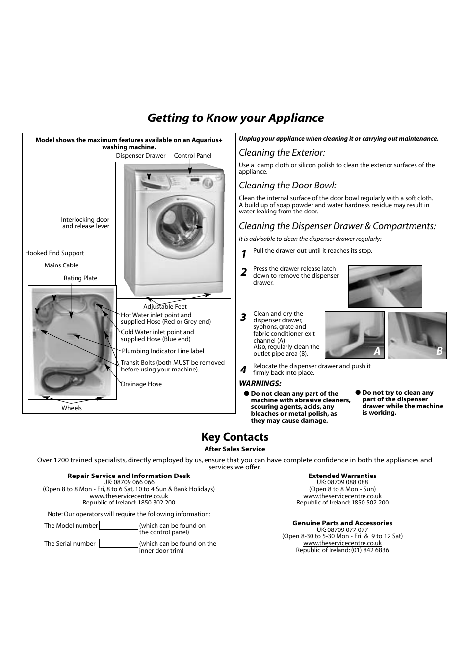 Getting to know your appliance, Key contacts, 3a b | Cleaning the exterior, Cleaning the door bowl, Cleaning the dispenser drawer & compartments | Hotpoint WF630 User Manual | Page 10 / 11