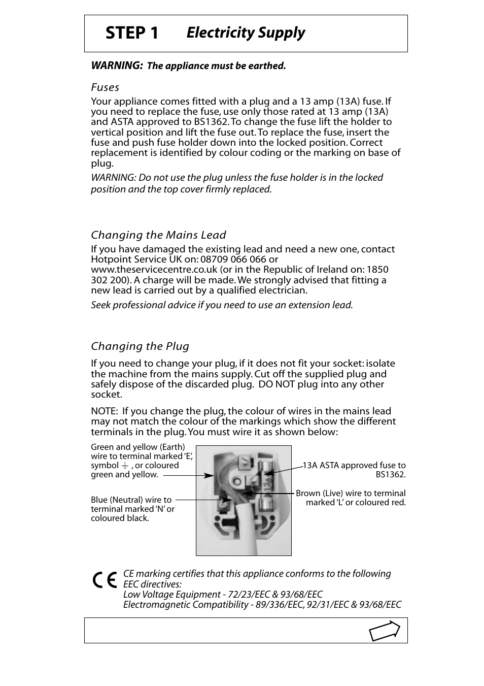 Step 1, Electricity supply | Hotpoint WF630 User Manual | Page 2 / 11