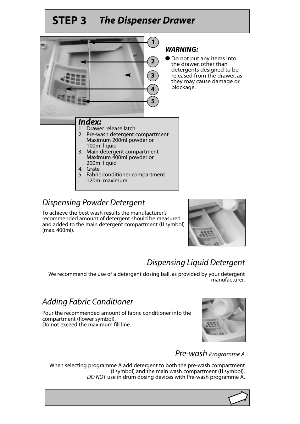 Step 3, The dispenser drawer, Pre-wash | Hotpoint WF630 User Manual | Page 4 / 11